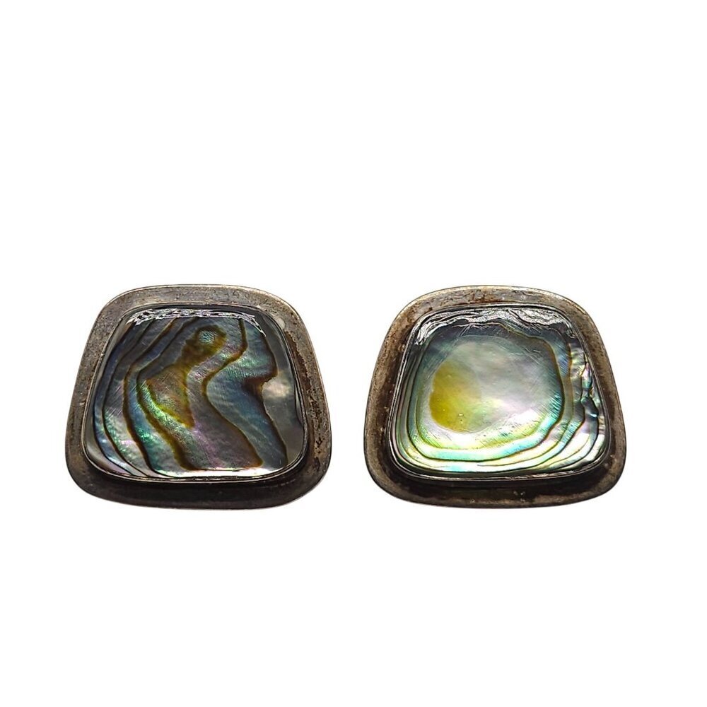 Vintage Ati Mexican Sterling Silver Abalone Shell Clip-On Earrings Square Design 60$